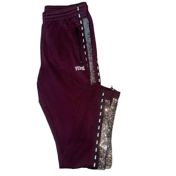 VICTORIAS SECRET PINK Embellished Stripe Fleece Logo Skinny Track Pants Sz SMALL - Picture 3 of 8